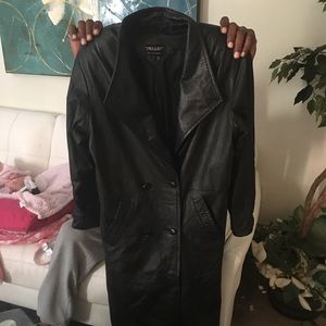 Leather trench coat with leather black skirt